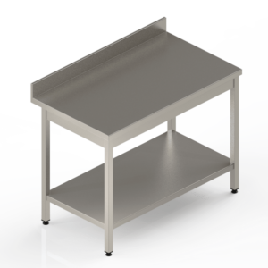 Table en inox adossée avec étagère pour cuisine professionnelle ou laboratoires