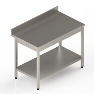 Table de travail en inox adossée avec étagère pleine