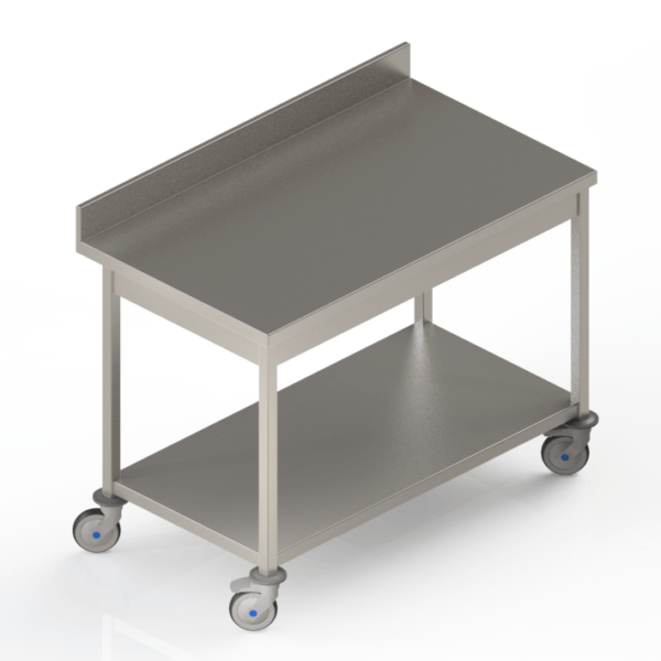 Table de travail inox adossée mobile à roulettes avec étagère pleine